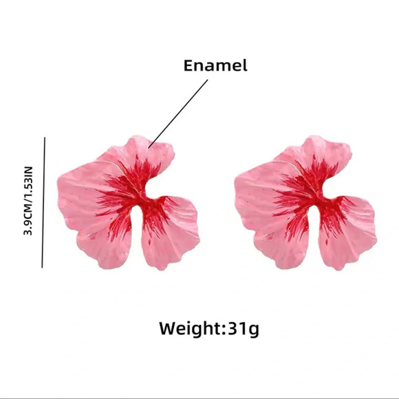 Elegant Hibiscus Flower Earrings – Red & White Enamel Gold-Tone Design - Picture 3 of 7